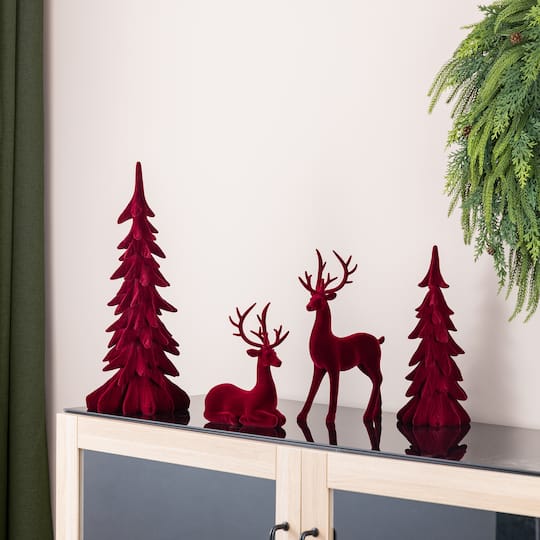 Glitzhome® Burgundy Flocked Reindeer with Tree Christmas Table Décor Set